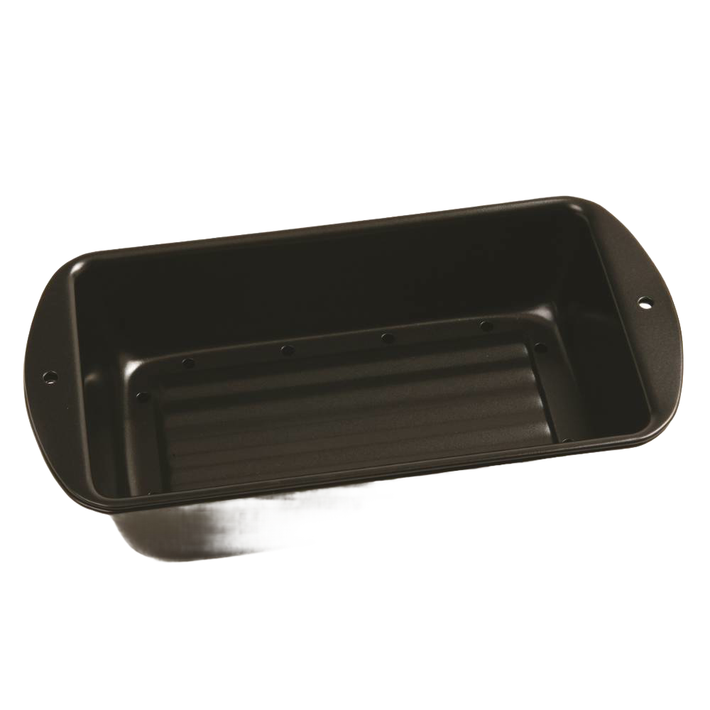 Black non-stick loaf pan with perforated bottom for draining fat during cooking, designed for healthier baking, featured in Kitchen & Food, Cookware, Baking Supplies, and Best Sellers collections.