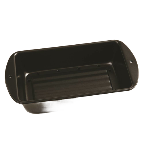 Black non-stick loaf pan with perforated bottom for draining fat during cooking, designed for healthier baking, featured in Kitchen & Food, Cookware, Baking Supplies, and Best Sellers collections.