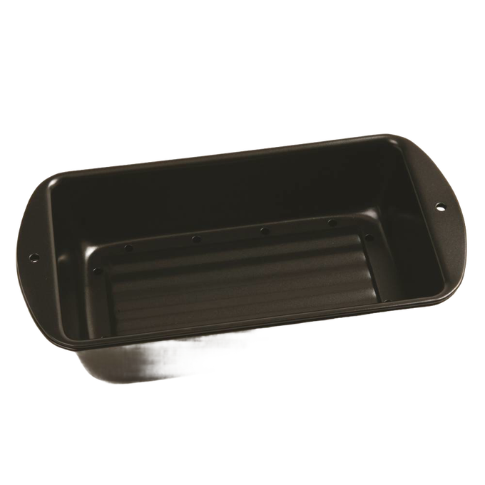 Black non-stick loaf pan with perforated bottom for draining fat during cooking, designed for healthier baking, featured in Kitchen & Food, Cookware, Baking Supplies, and Best Sellers collections.