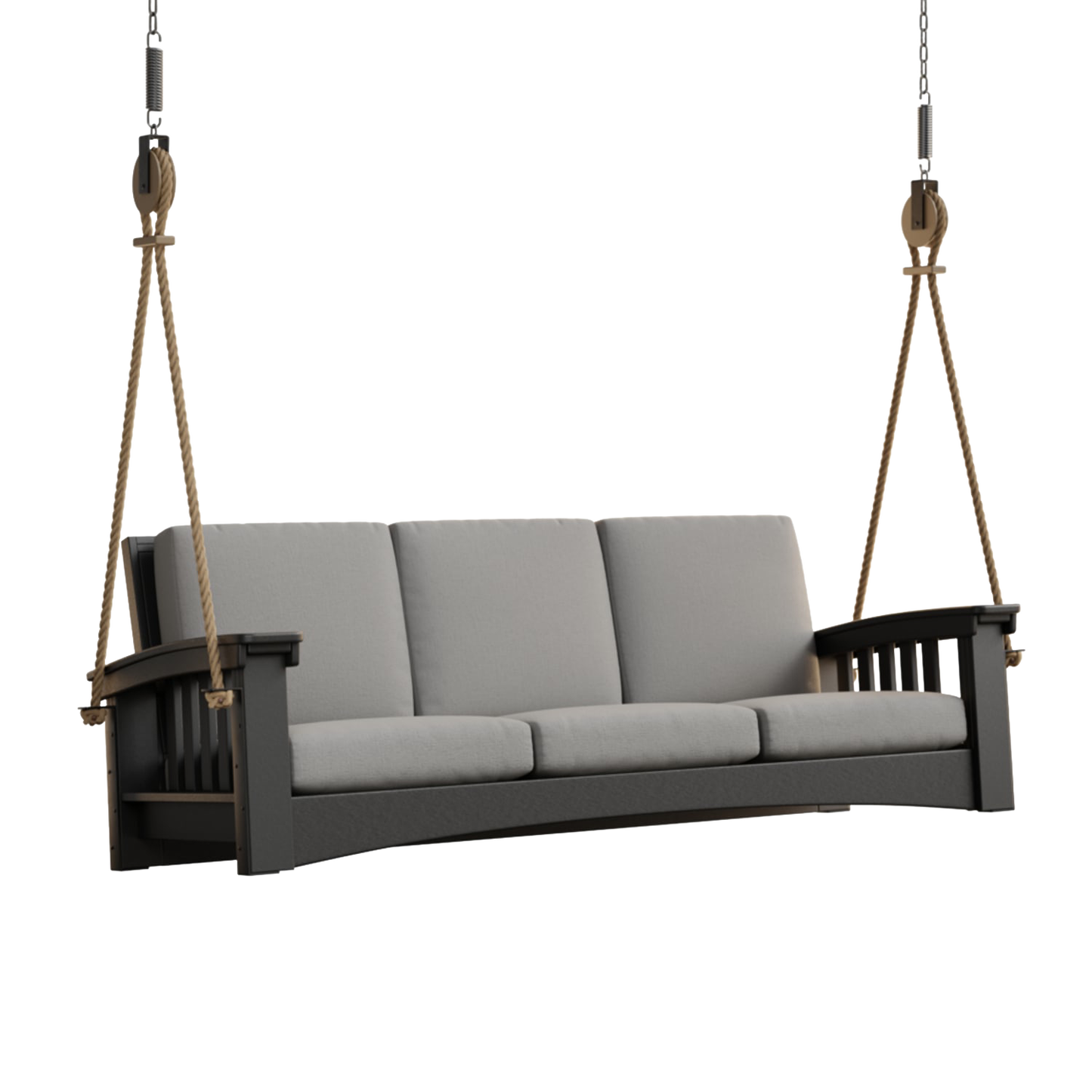 Handcrafted 7 ft rope swing sofa with thick gray cushions, made in the USA from durable cypress wood, perfect for outdoor spaces in Home & Decor, Amish Made, Best Sellers collections.