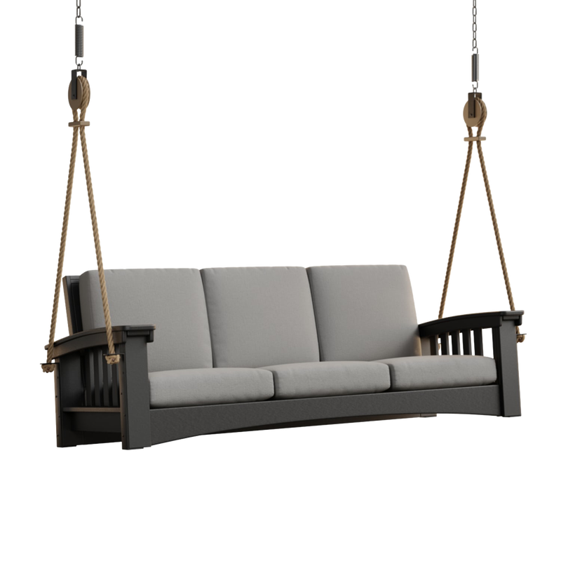 Handcrafted 7 ft rope swing sofa with thick gray cushions, made in the USA from durable cypress wood, perfect for outdoor spaces in Home & Decor, Amish Made, Best Sellers collections.