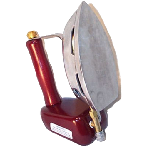 Compact butane iron featuring a cast aluminum sole plate and polished wooden handle, designed for convenient use without electricity, part of USA Made and Laundry Supplies collections.