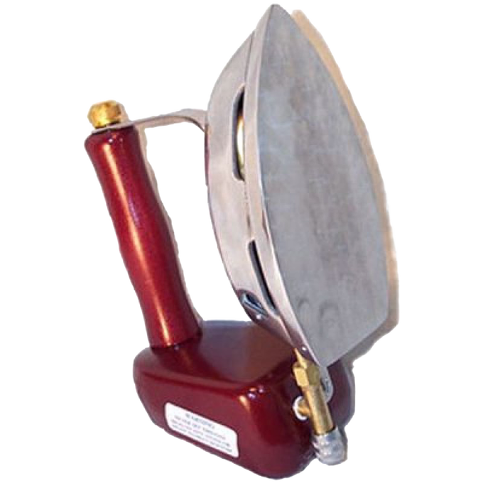 Compact butane iron featuring a cast aluminum sole plate and polished wooden handle, designed for convenient use without electricity, part of USA Made and Laundry Supplies collections.