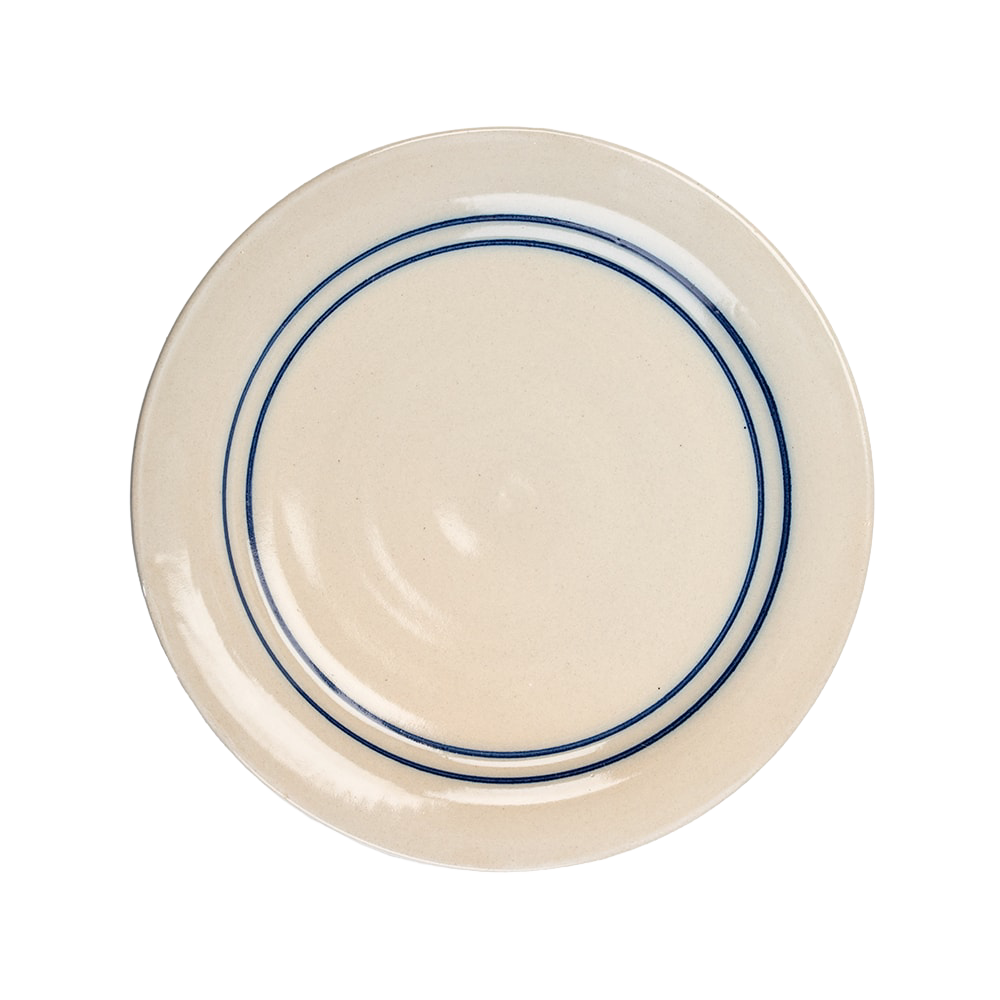 Handcrafted stoneware dinner plate featuring two blue stripes on natural cream background, made in USA, ideal for Kitchen & Food, Dinnerware, Holiday Hosting, and Best Seller collections.
