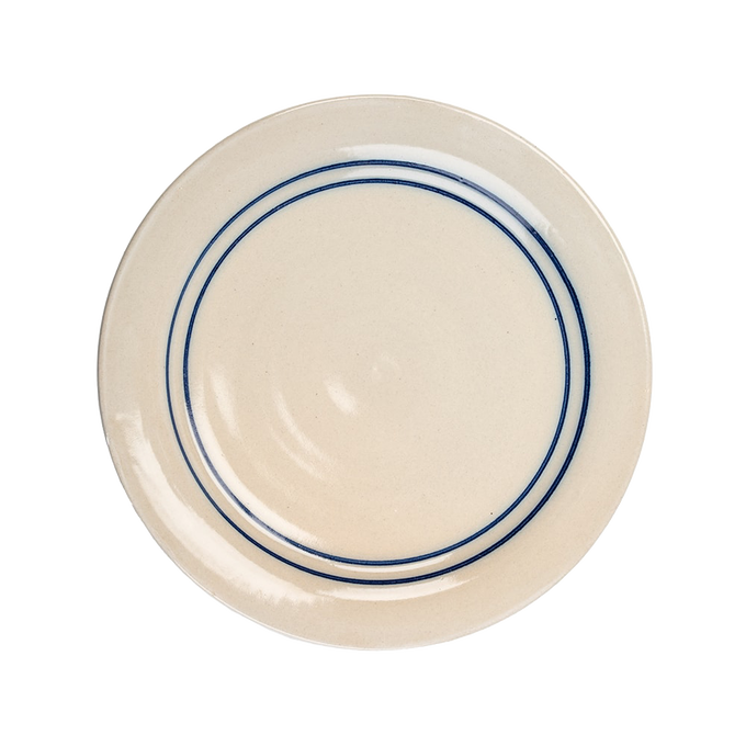 Handcrafted stoneware dinner plate featuring two blue stripes on natural cream background, made in USA, ideal for Kitchen & Food, Dinnerware, Holiday Hosting, and Best Seller collections.