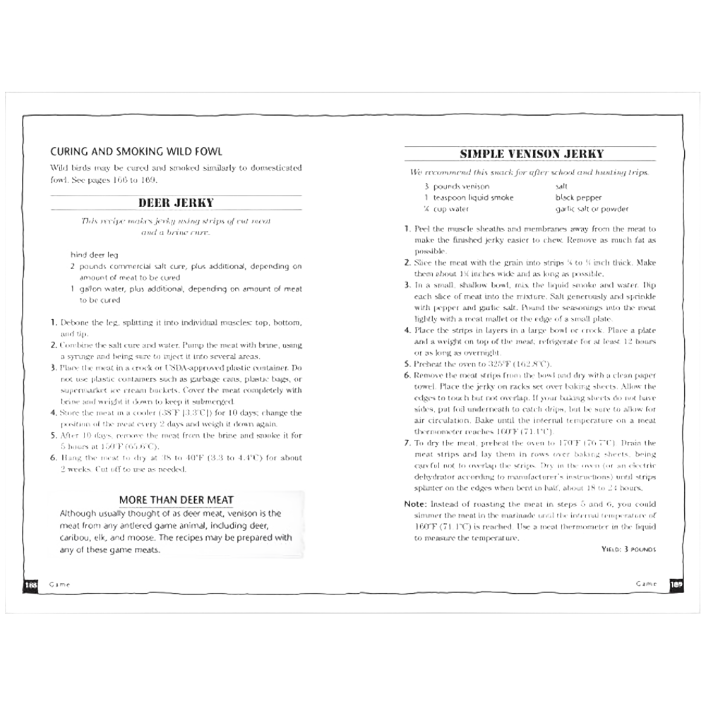 Back cover of a handcrafted guidebook featuring detailed instructions on processing and preserving meat, fish, and game with safety tips, part of Toys, Books & Games and Canning and Preserving Books collections.