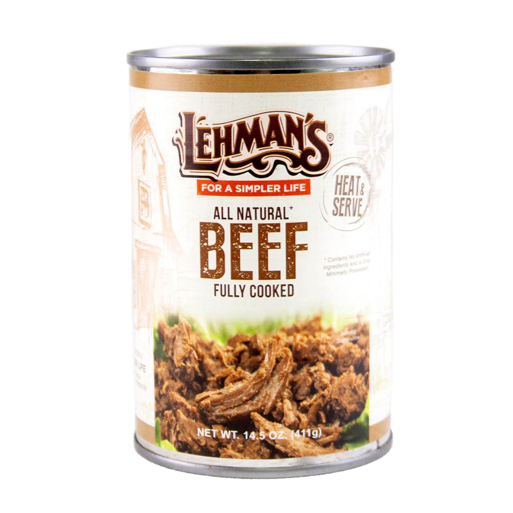 Can of handcrafted fully cooked all natural shredded beef with simple rustic label design, ideal for Farm, Garden & Tool, Kitchen & Food, Emergency Supplies, Food, Meats, Best Sellers, and Promo Eligible collections.