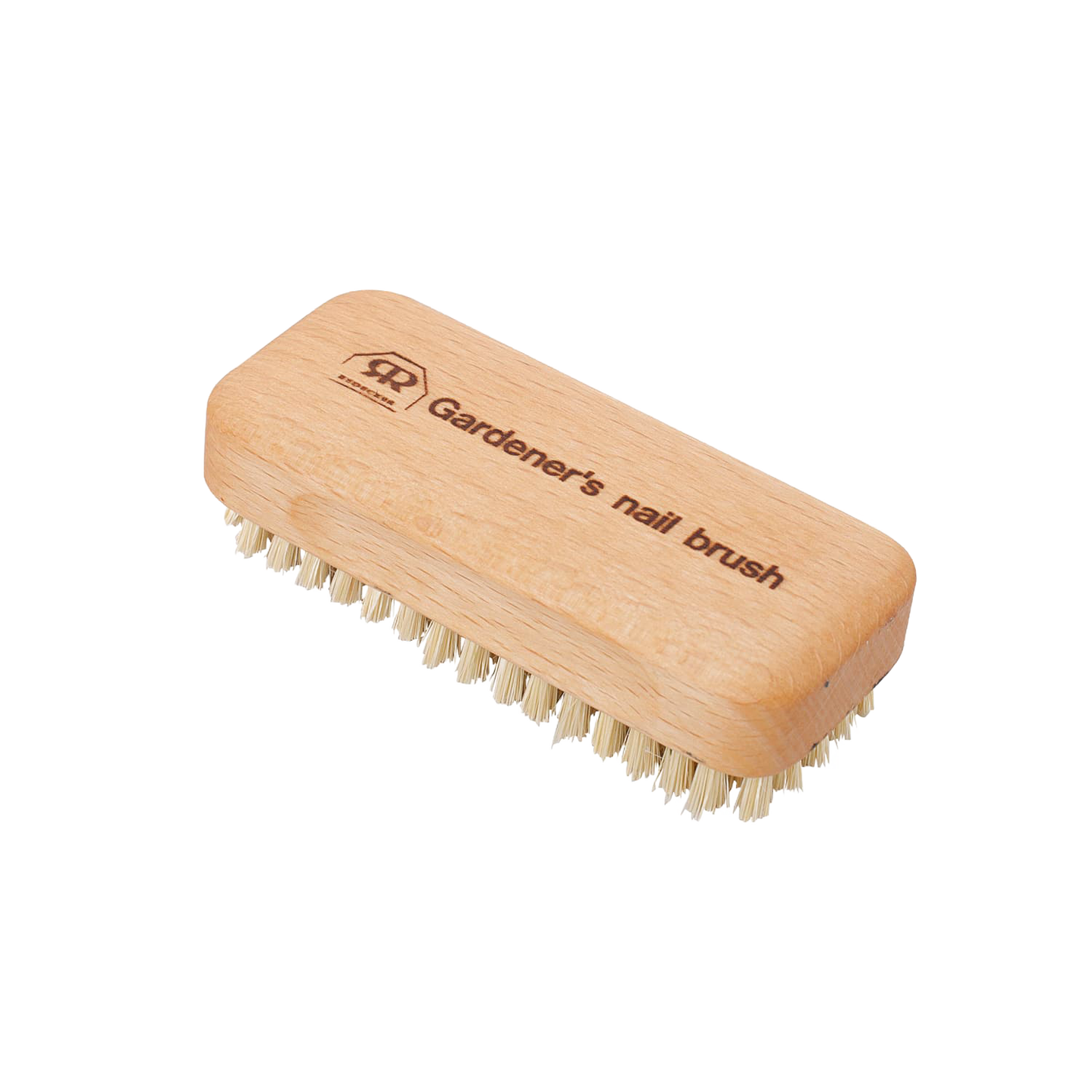 Handcrafted natural scrub brush with stiff plant fiber bristles and smooth wooden handle, designed for effective nail cleaning after gardening; featured in Health & Wellness, Grooming and Personal Hygiene, Best Sellers, and Promo Eligible collections.