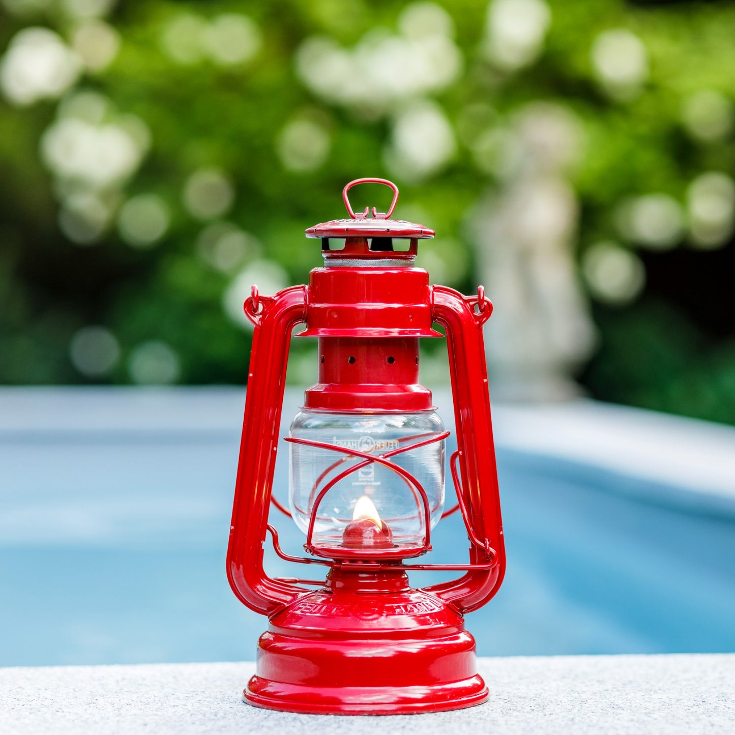 Handcrafted bright red galvanized oil lantern featuring a thermal heat-resistant SUPRAX globe with soft glowing flame, perfect for Lamps & Lighting, Camping, Emergency Supplies, and Outdoors collections.