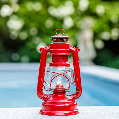 Handcrafted bright red galvanized oil lantern featuring a thermal heat-resistant SUPRAX globe with soft glowing flame, perfect for Lamps & Lighting, Camping, Emergency Supplies, and Outdoors collections.