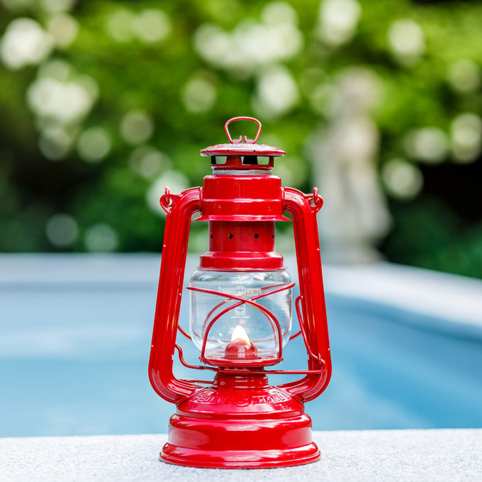 Handcrafted bright red galvanized oil lantern featuring a thermal heat-resistant SUPRAX globe with soft glowing flame, perfect for Lamps & Lighting, Camping, Emergency Supplies, and Outdoors collections.