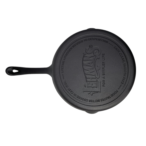 Handcrafted nitrogen-hardened cast iron skillet with smooth surface and engraved Lehman's logo, designed for superior cooking performance in Kitchen & Food, Cookware, Cast Iron collections.