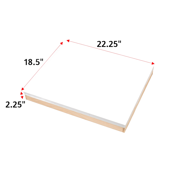 Rectangular handcrafted 10-frame telescoping metal cover with wooden base, measuring 22.25 by 18.5 inches and 2.25 inches deep, made in USA, Amish made, featured for beekeeping and farm use.