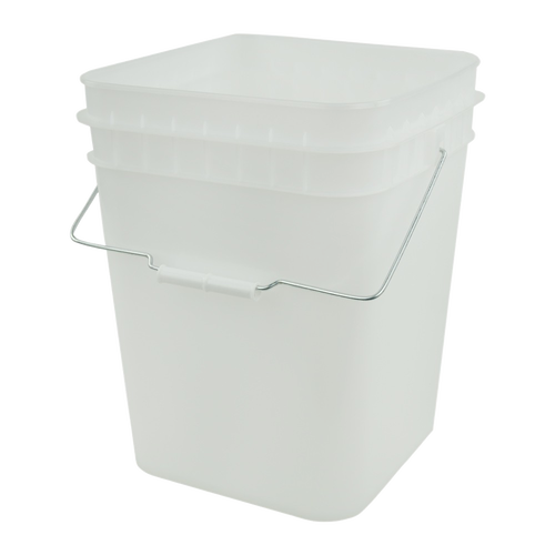 White 4-gallon durable plastic bucket with a metal handle and tight-fitting lid, FDA approved for food storage, suitable for Kitchen & Food, Storage and Serving, USA Made collections.