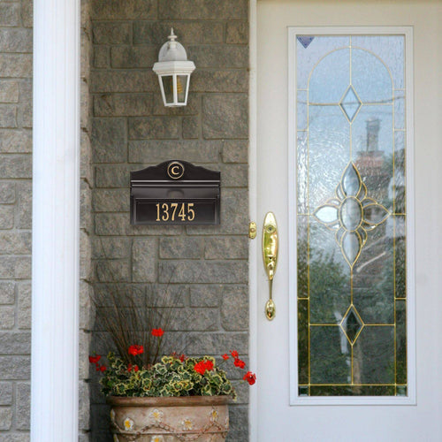 Handcrafted black and gold wall mount mailbox with personalized monogram and house number, made in USA, enhancing curb appeal for Home & Decor and Mailboxes and Address Signs collections.