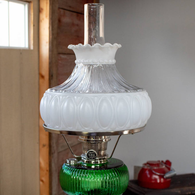 10-inch frosted glass oil lamp shade with decorative scalloped edge and embossed pattern, designed for use with traditional oil lamps in Lamps & Lighting and Parts and Accessories collections.