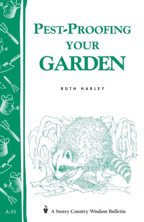 Booklet cover for natural garden pest prevention featuring a detailed green illustration of a raccoon among plants, part of Farm, Garden & Tool and How-To Books collections.