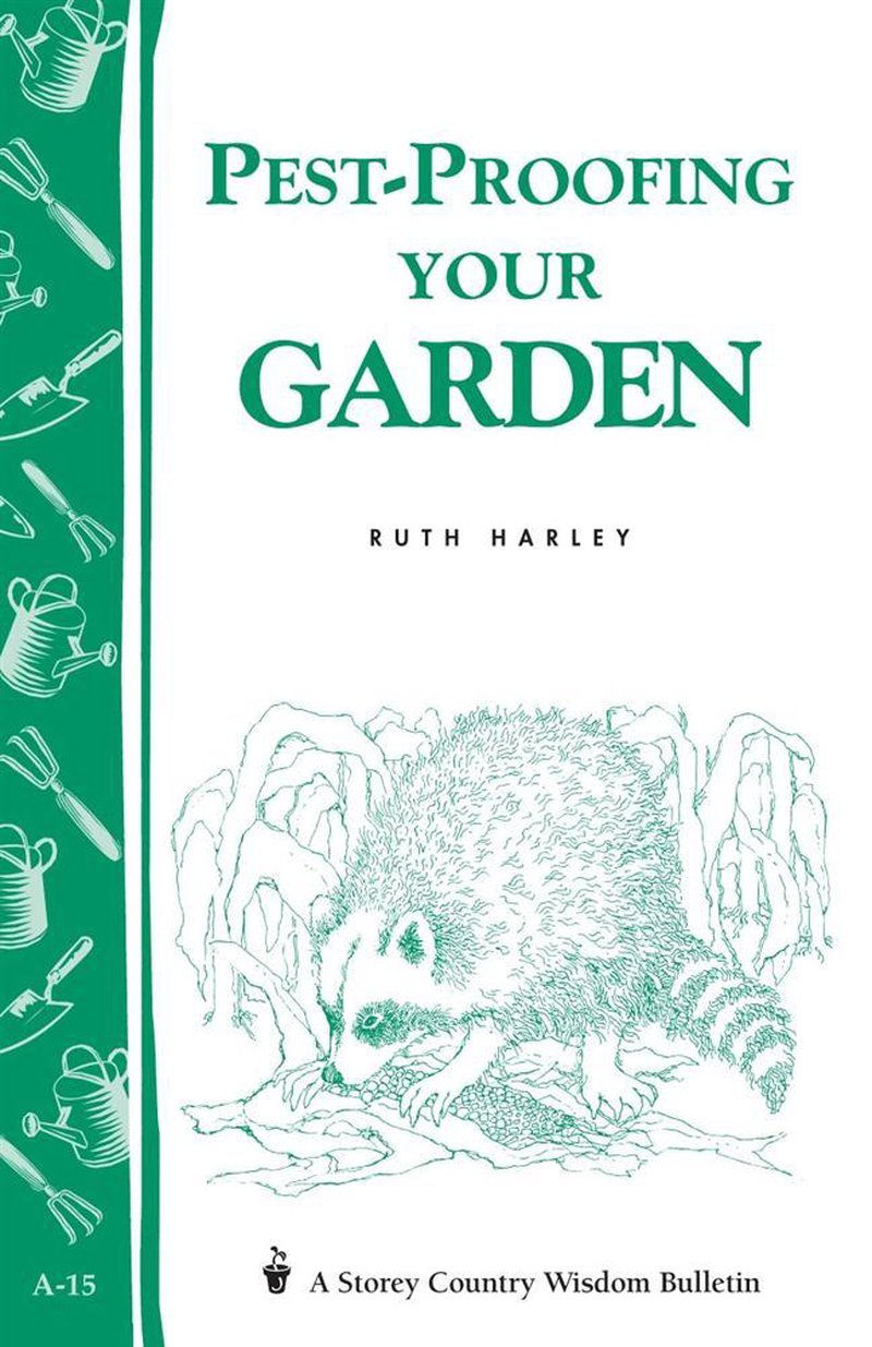Booklet cover for natural garden pest prevention featuring a detailed green illustration of a raccoon among plants, part of Farm, Garden & Tool and How-To Books collections.