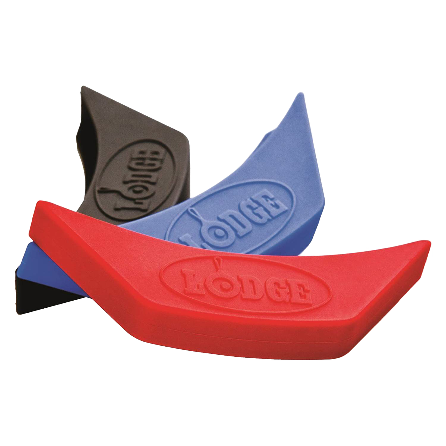 Set of red, blue, and black silicone assist handle holders designed for cast iron cookware, protecting hands from heat up to 450°F, ideal for Kitchen & Food, Cookware, Cast Iron, Best Sellers, and Promo Eligible collections.
