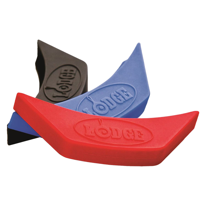 Set of red, blue, and black silicone assist handle holders designed for cast iron cookware, protecting hands from heat up to 450°F, ideal for Kitchen & Food, Cookware, Cast Iron, Best Sellers, and Promo Eligible collections.