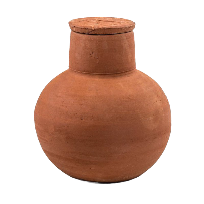 Unglazed terra cotta garden watering pot with a fitted lid, designed for efficient irrigation in small gardens, featured in Farm, Garden & Tool, Garden Accessories, and Lawncare collections.