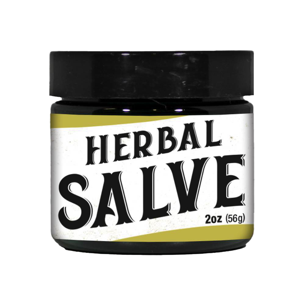 Small dark glass jar with black lid containing handmade herbal salve for soothing scrapes, bug bites, and dry skin, ideal for Health & Wellness and USA Made collections.