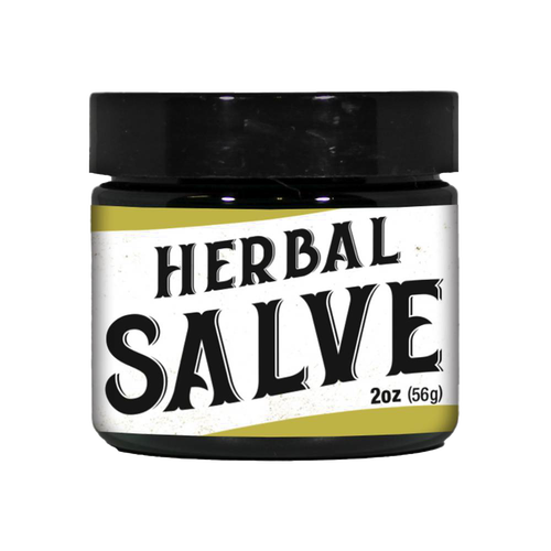 Small dark glass jar with black lid containing handmade herbal salve for soothing scrapes, bug bites, and dry skin, ideal for Health & Wellness and USA Made collections.
