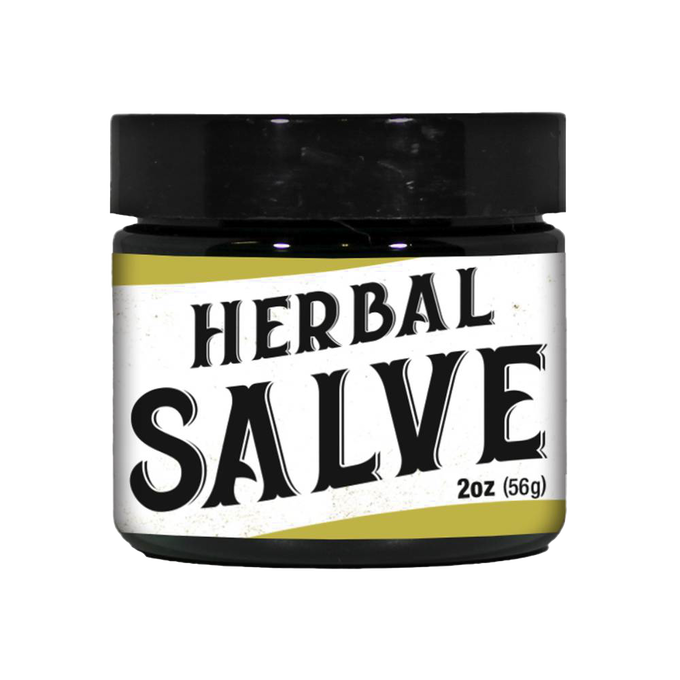 Small dark glass jar with black lid containing handmade herbal salve for soothing scrapes, bug bites, and dry skin, ideal for Health & Wellness and USA Made collections.