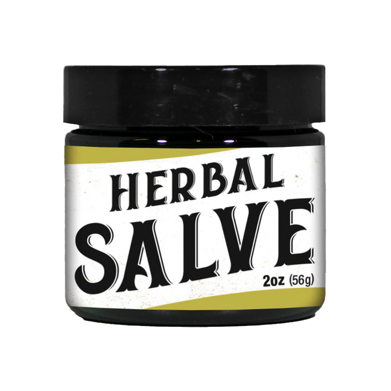 Small dark glass jar with black lid containing handmade herbal salve for soothing scrapes, bug bites, and dry skin, ideal for Health & Wellness and USA Made collections.