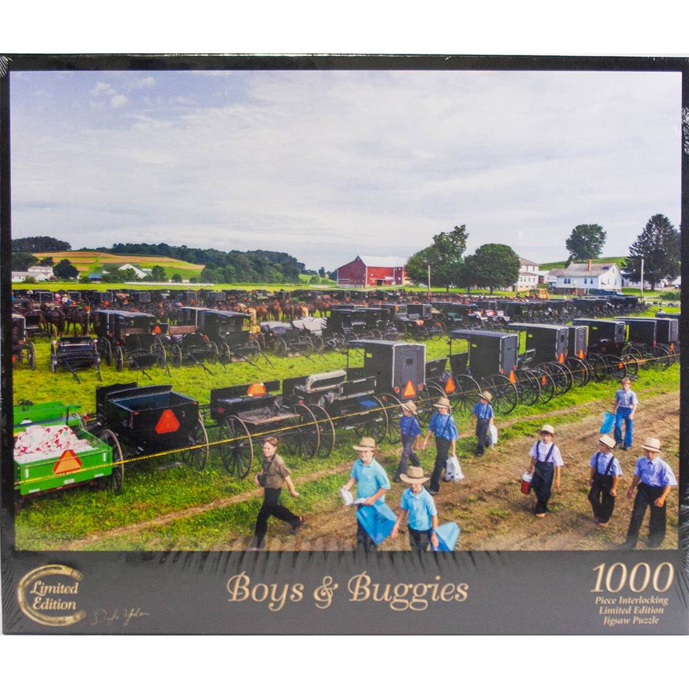Scenic countryside scene puzzle featuring a large gathering of Amish buggies in a field with boys walking nearby, handcrafted and made in USA, part of Toys, Books & Games and Best Sellers collections.