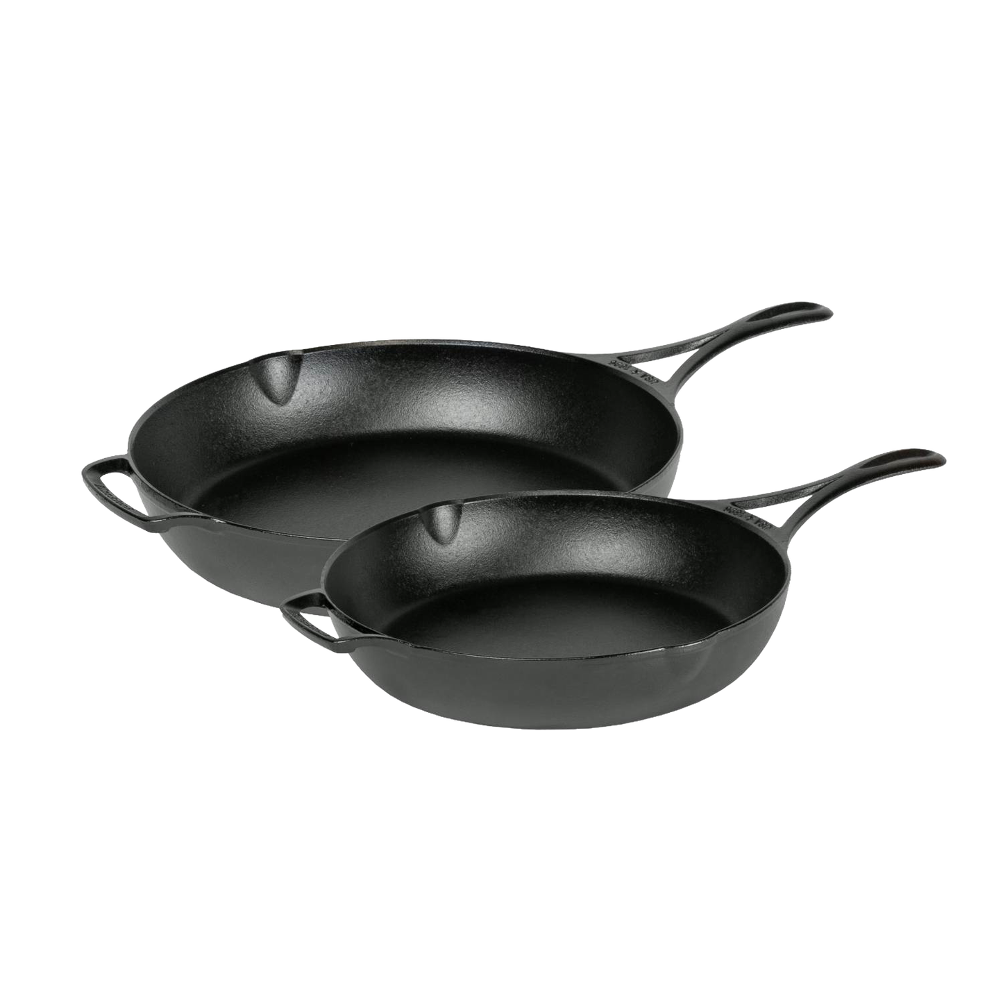 Set of two lightweight cast iron skillets with pouring spouts, featuring a triple-seasoned finish for durability, ideal for Kitchen & Food, Cookware, Cast Iron, USA Made, and Best Sellers collections.