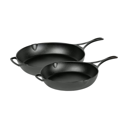 Set of two lightweight cast iron skillets with pouring spouts, featuring a triple-seasoned finish for durability, ideal for Kitchen & Food, Cookware, Cast Iron, USA Made, and Best Sellers collections.