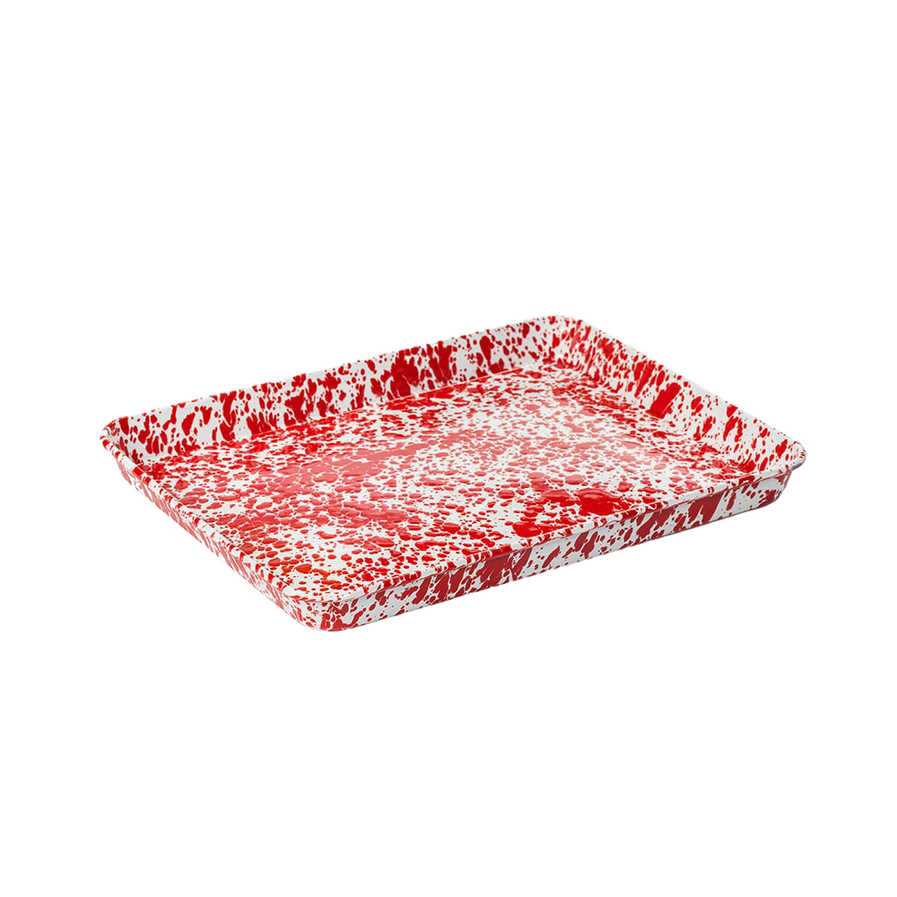 Red and white speckled enamel jelly roll pan with a vibrant porcelain finish, ideal for baking cakes, pastries, roasting vegetables, and serving, featured in Kitchen & Food and Cookware collections.