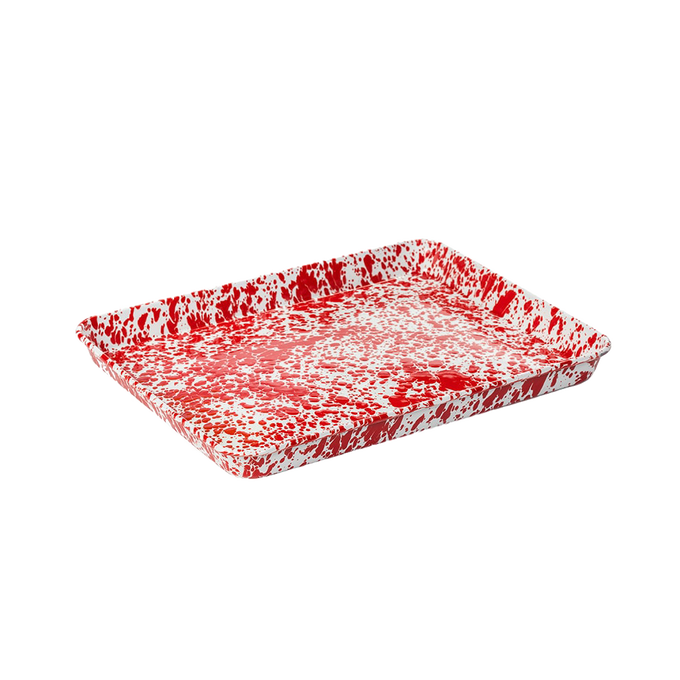 Red and white speckled enamel jelly roll pan with a vibrant porcelain finish, ideal for baking cakes, pastries, roasting vegetables, and serving, featured in Kitchen & Food and Cookware collections.