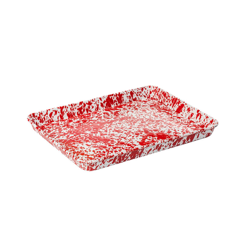 Red and white speckled enamel jelly roll pan with a vibrant porcelain finish, ideal for baking cakes, pastries, roasting vegetables, and serving, featured in Kitchen & Food and Cookware collections.