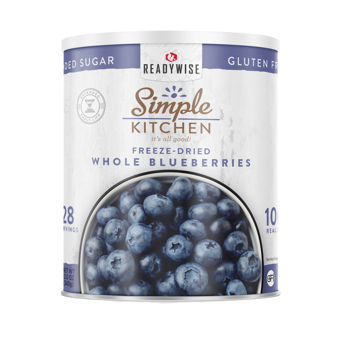 Can of handcrafted freeze-dried whole blueberries, gluten-free and no added sugar, made in USA, ideal for Farm, Garden & Tool, Kitchen & Food, Emergency Supplies, Food, Freeze Dried, and Best Sellers collections.