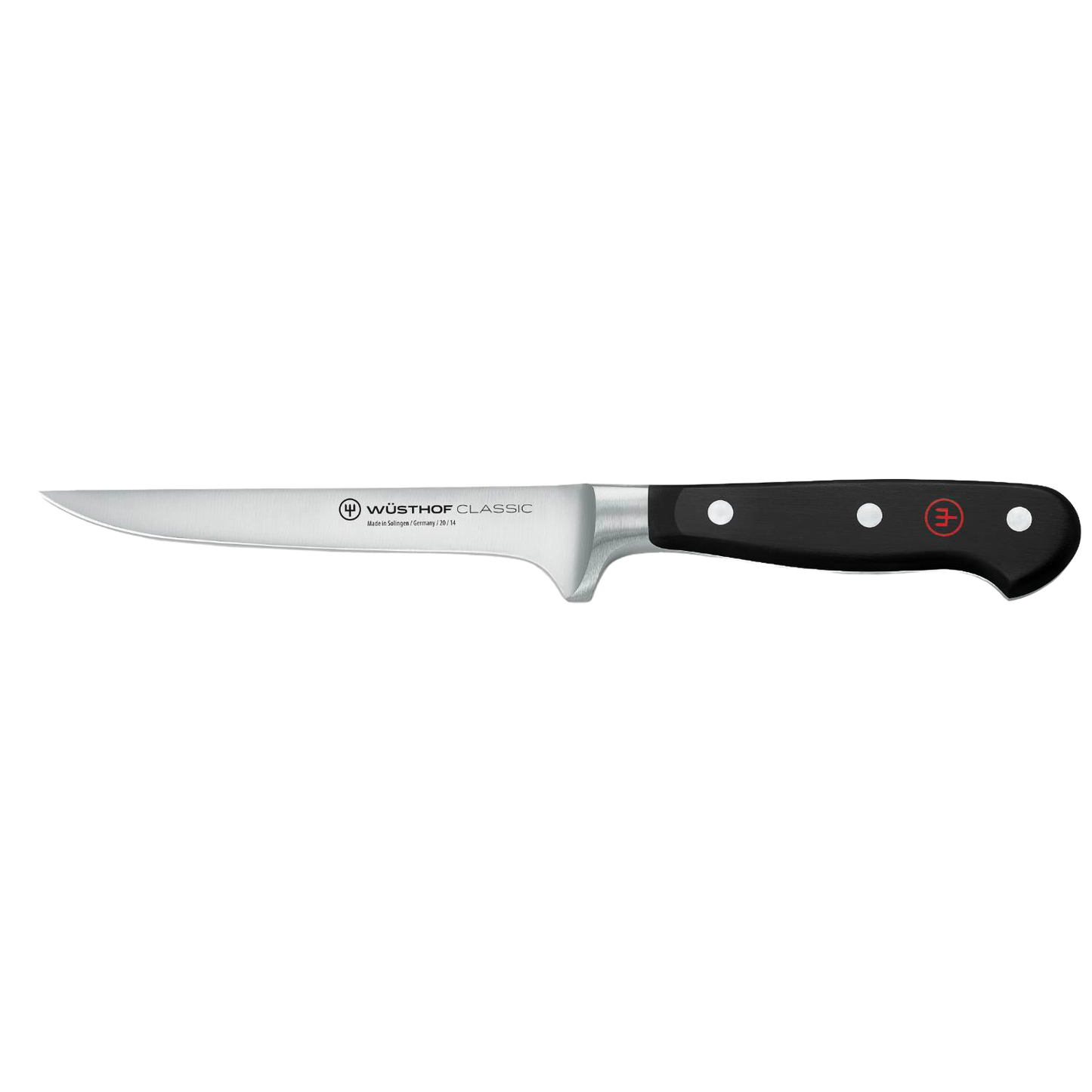 High carbon stainless steel boning knife with triple riveted full tang black handle, featuring a sharp curved blade for precise meat and food prep, from Kitchen & Food and Knives & Axes collections.