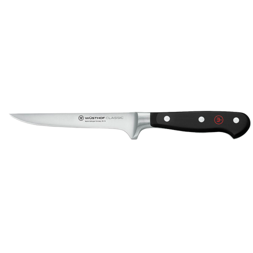 High carbon stainless steel boning knife with triple riveted full tang black handle, featuring a sharp curved blade for precise meat and food prep, from Kitchen & Food and Knives & Axes collections.