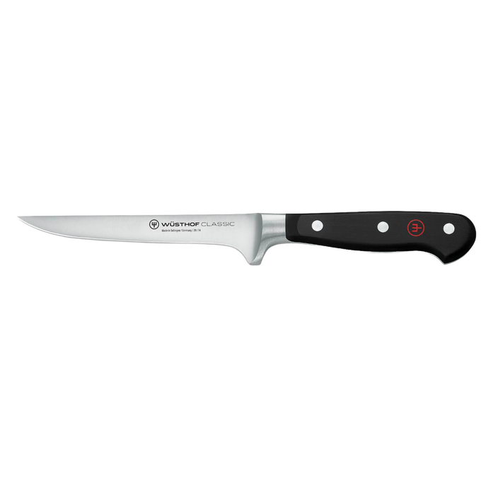 High carbon stainless steel boning knife with triple riveted full tang black handle, featuring a sharp curved blade for precise meat and food prep, from Kitchen & Food and Knives & Axes collections.