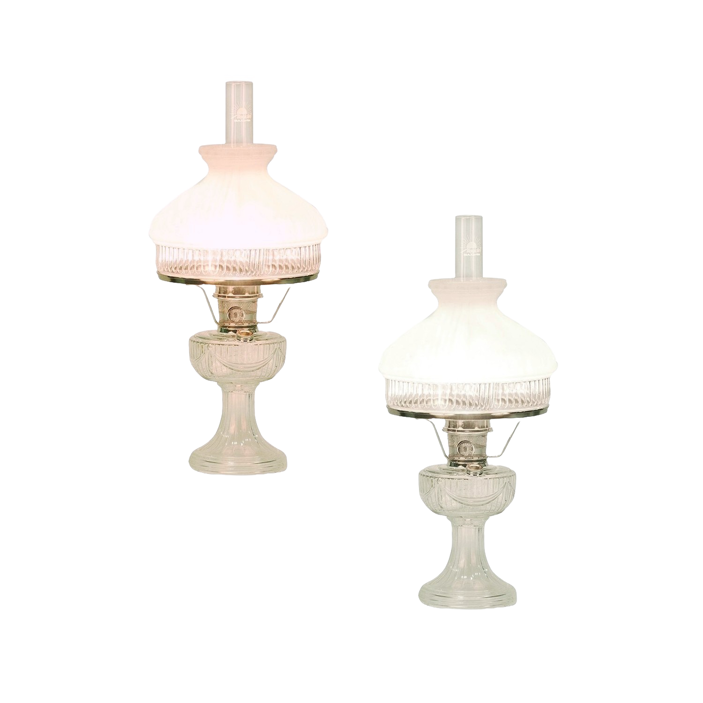 Pair of handcrafted Aladdin Lincoln Drape oil lamps with white frosted top shades and clear glass bases, perfect for Farm, Garden & Tool, Lamps & Lighting, Emergency Supplies, and Best Sellers collections.