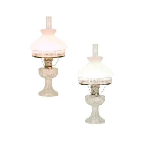 Pair of handcrafted Aladdin Lincoln Drape oil lamps with white frosted top shades and clear glass bases, perfect for Farm, Garden & Tool, Lamps & Lighting, Emergency Supplies, and Best Sellers collections.
