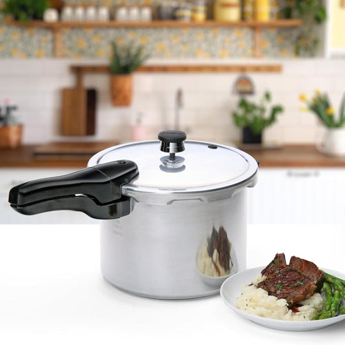 Handcrafted aluminum pressure cooker with polished finish and black handle, paired with a plate of steak, mashed potatoes, and asparagus, featured in Kitchen & Food, Cookware, Pots and Pans, Best Sellers, Promo Eligible collections.