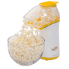 Compact electric air popcorn popper with yellow and white housing, pouring freshly popped popcorn into a clear glass bowl, featured in Kitchen & Food, Popcorn, and Kitchen Gadgets collections.