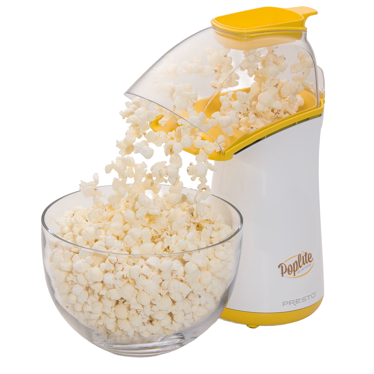 Compact electric air popcorn popper with yellow and white housing, pouring freshly popped popcorn into a clear glass bowl, featured in Kitchen & Food, Popcorn, and Kitchen Gadgets collections.