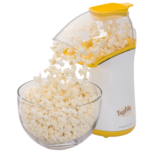 Compact electric air popcorn popper with yellow and white housing, pouring freshly popped popcorn into a clear glass bowl, featured in Kitchen & Food, Popcorn, and Kitchen Gadgets collections.