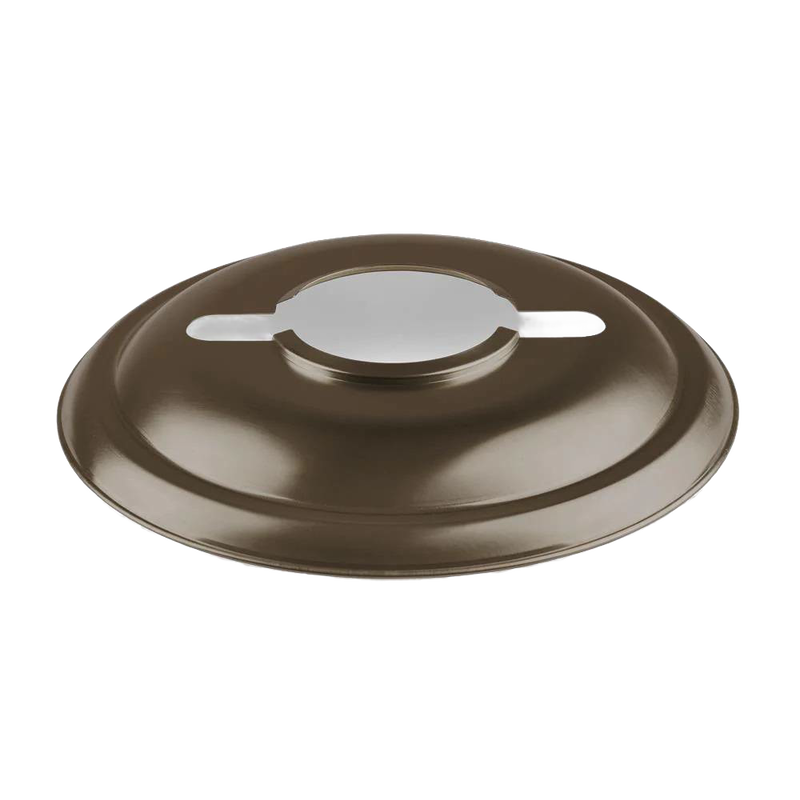 Handcrafted steel reflector in brown, designed to direct light downward and reduce glare for oil lanterns, ideal for Lamps & Lighting, Emergency Supplies, Oil Lamps, and Best Sellers collections.