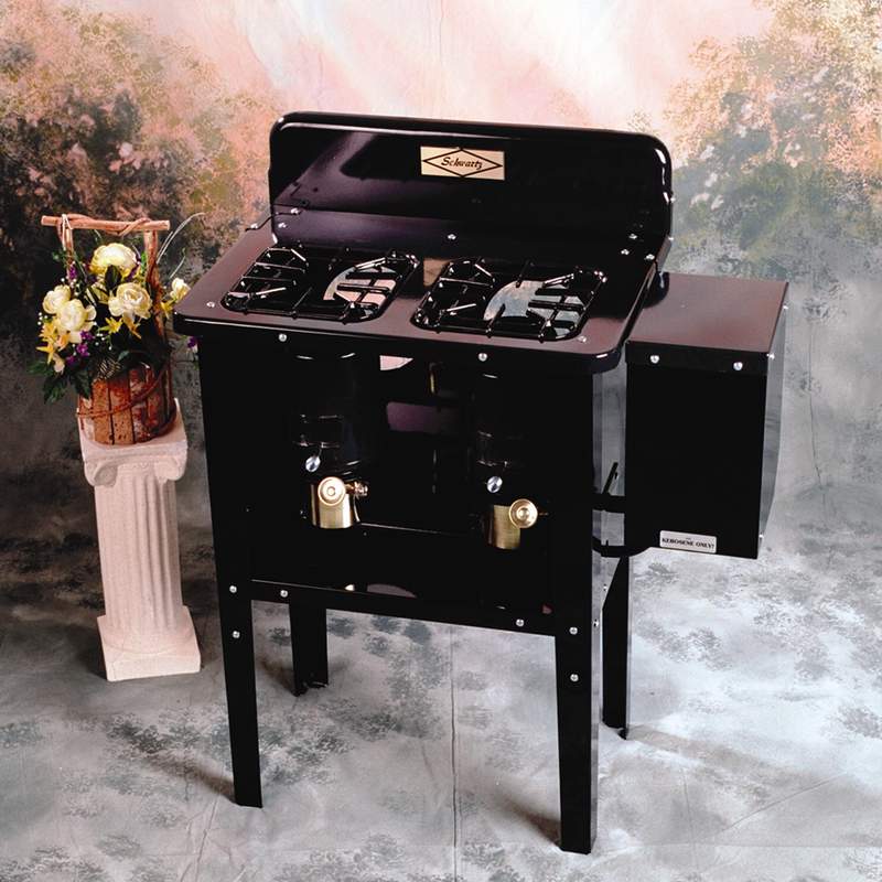 Black two-burner kerosene cookstove with brass fuel knobs, handcrafted and Amish made in the USA, featured in Stoves, Amish Made, USA Made, Cookstoves, and Best Sellers collections.