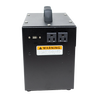 Compact black portable inverter with dual AC outlets and USB ports, featuring a sturdy handle and warning label, suitable for farm, garden, and emergency use.