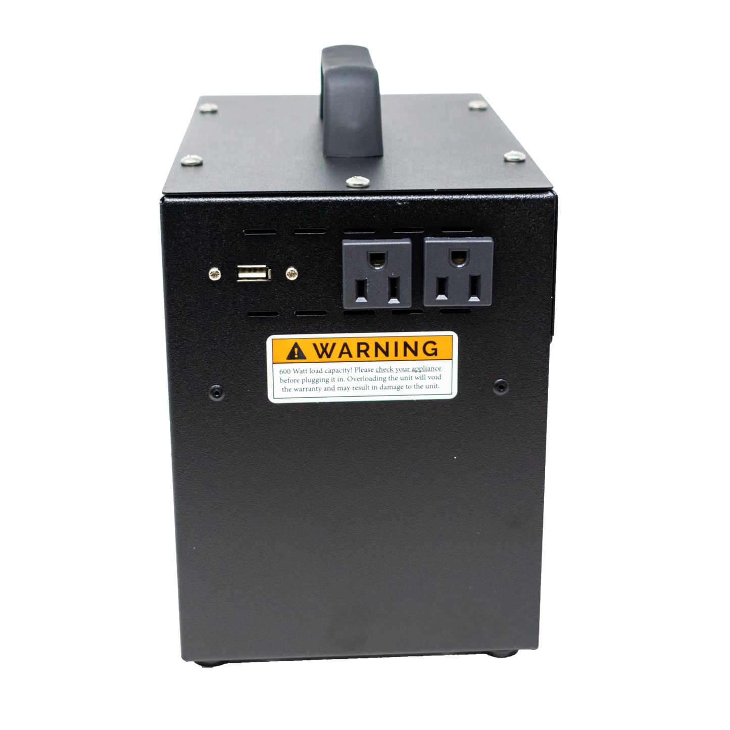 Compact black portable inverter with dual AC outlets and USB ports, featuring a sturdy handle and warning label, suitable for farm, garden, and emergency use.