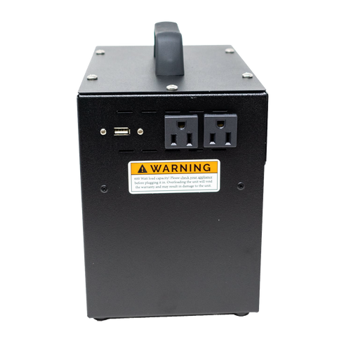 Compact black portable inverter with dual AC outlets and USB ports, featuring a sturdy handle and warning label, suitable for farm, garden, and emergency use.